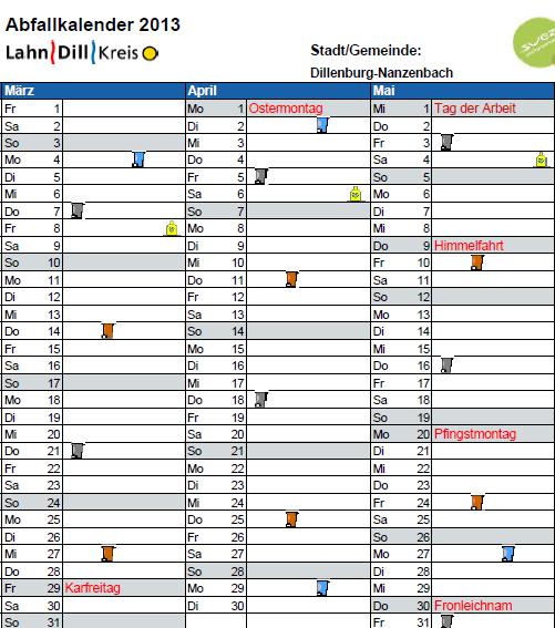 Abfallkalender 2013 (März - Mai)